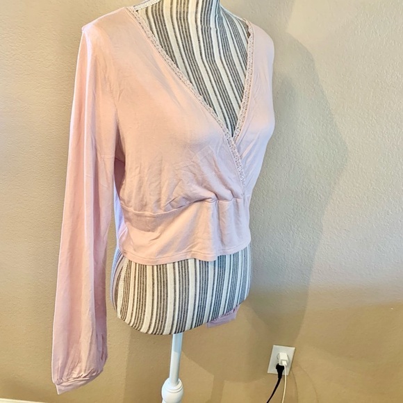 NWT Crop Top XL BP Wrap Front Lace Trim Pink Smoke Boho Long Balloon Sleeves - Picture 5 of 13